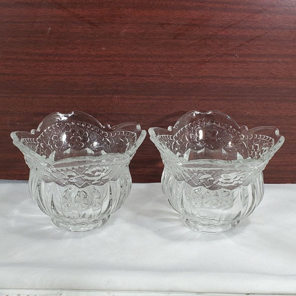 Set of 2 Floral Lace Votive Candleholder clear crystal embossed flowers fluted